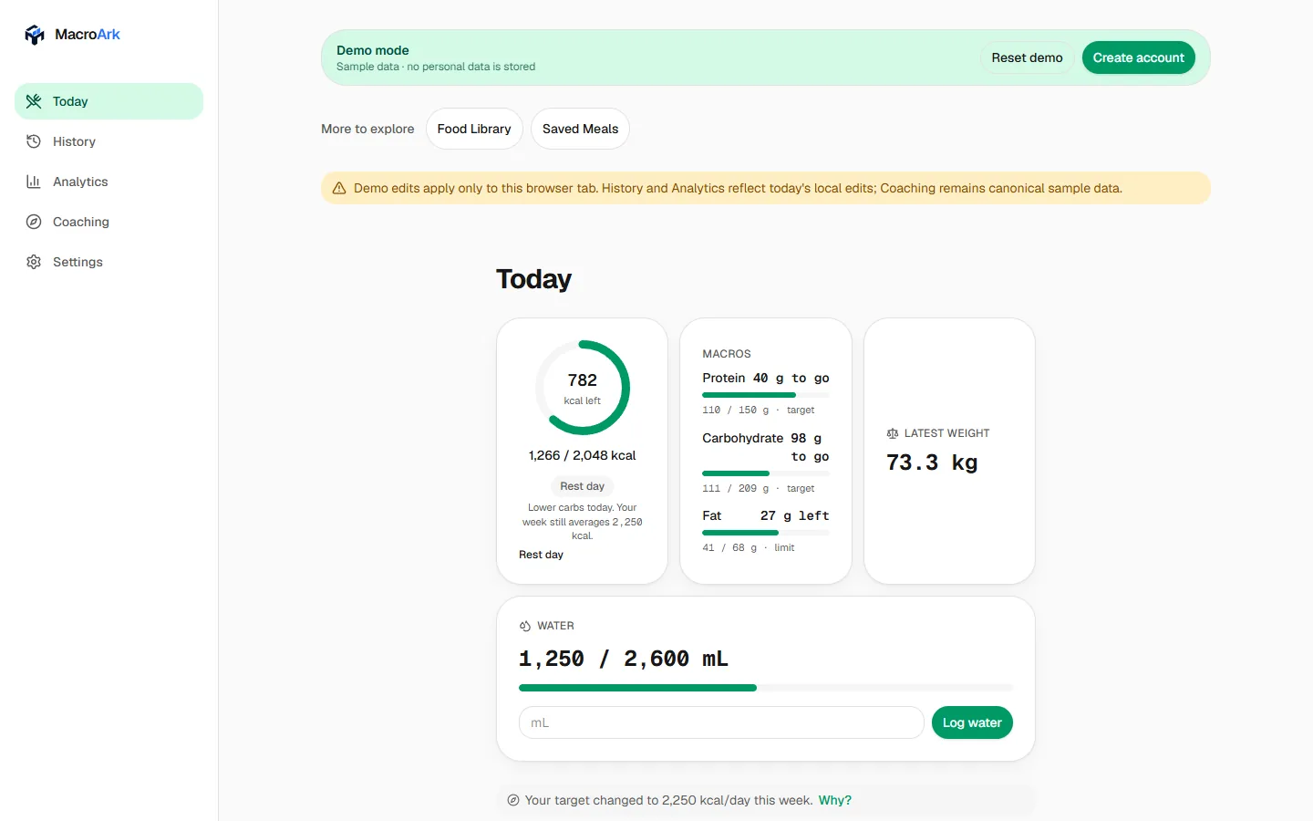 MacroArk sample Today view with calories, macro targets and meals.